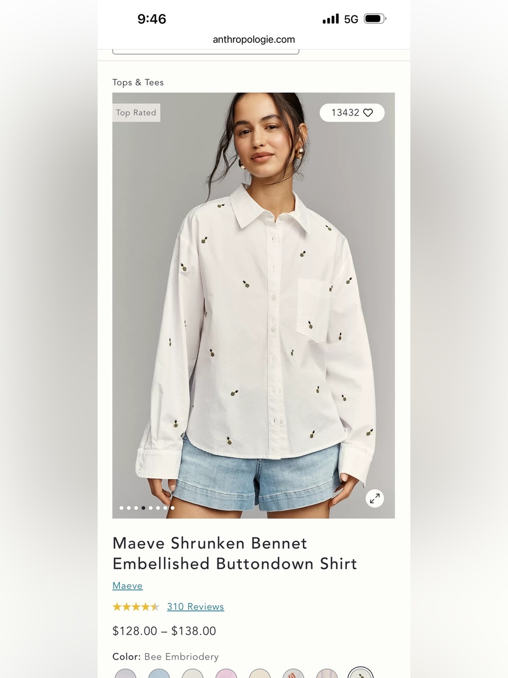 Maeve White Button-Down Shirt with Bee Embroidery